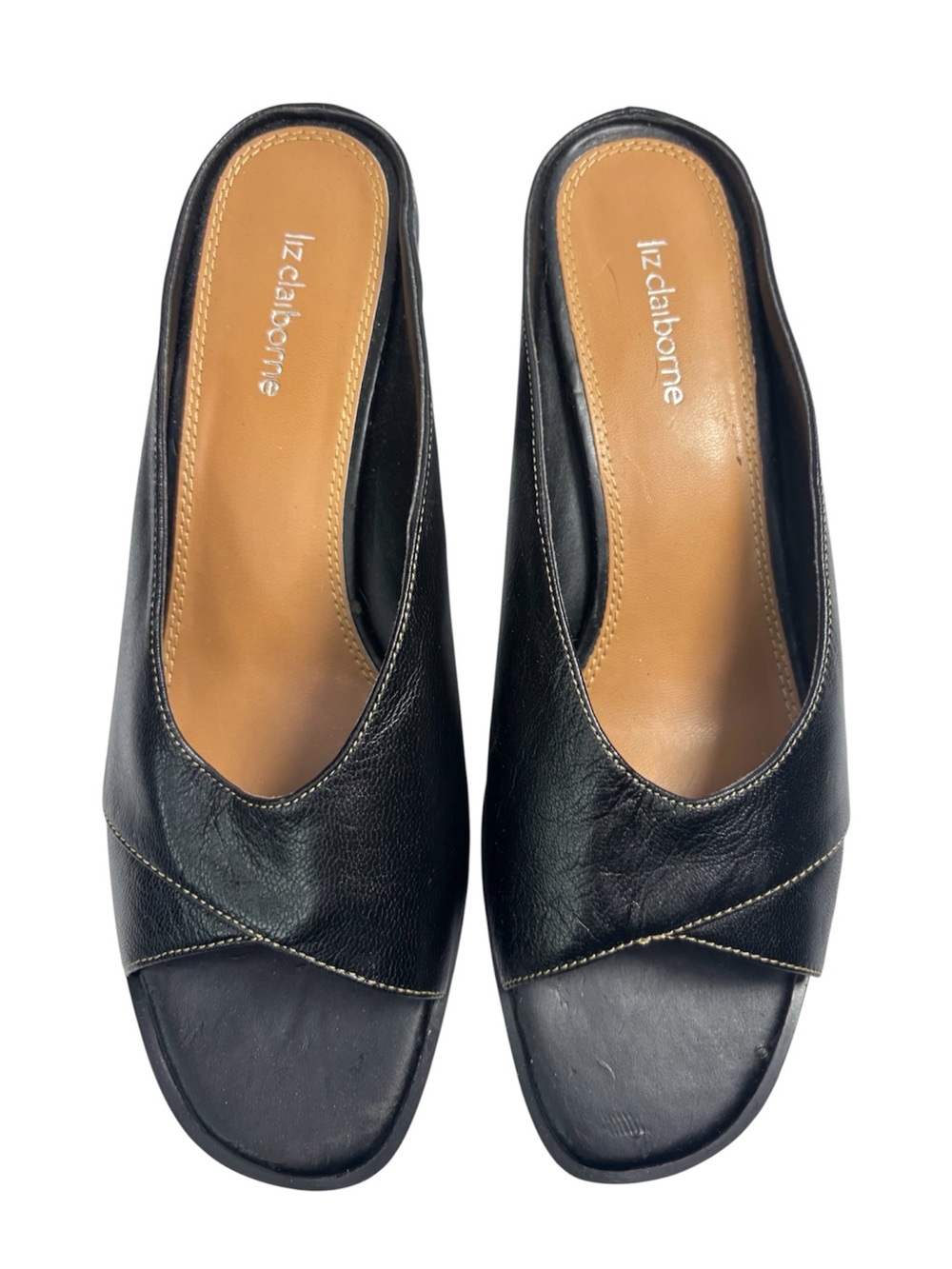 Liz Claiborne Twinkle 2 Black Leather Mule Heels Open Toe Slides 8.5